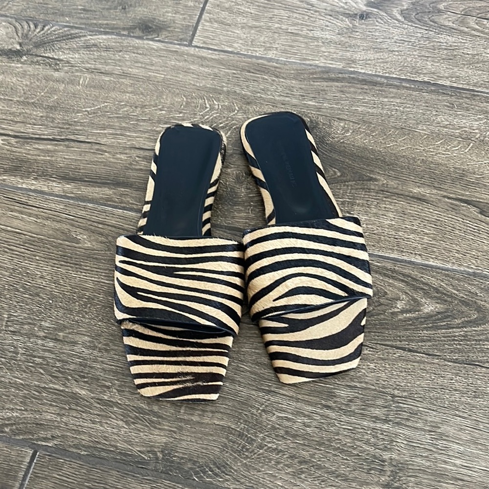 Banana Republic Cowhide Calf Hair Print Zebra Slides Mules